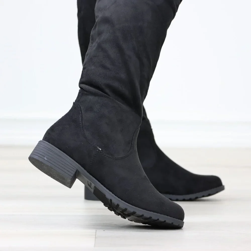 Black Thigh High Over The Knee Flat Boots Faux Suede - Picture 7 of 15